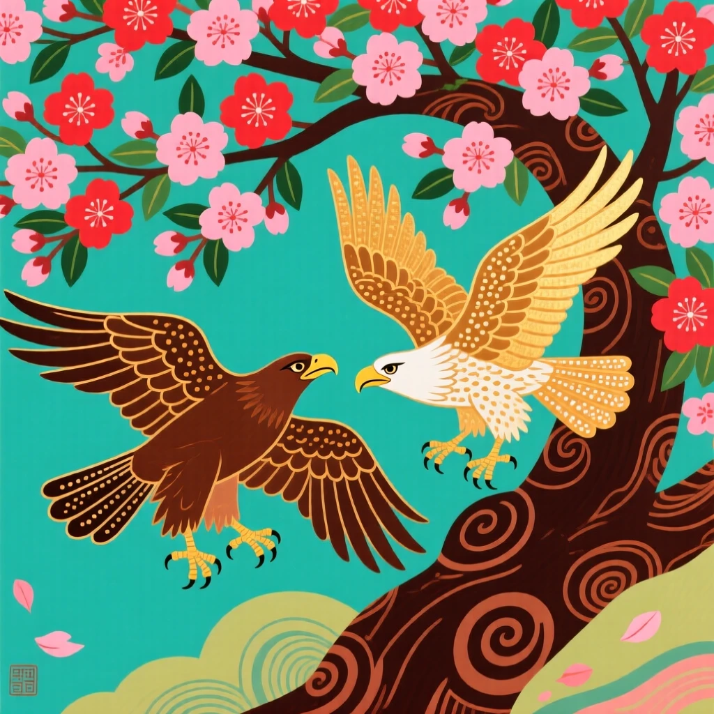 A pair of eagles gliding together under a cherry blossom tree.