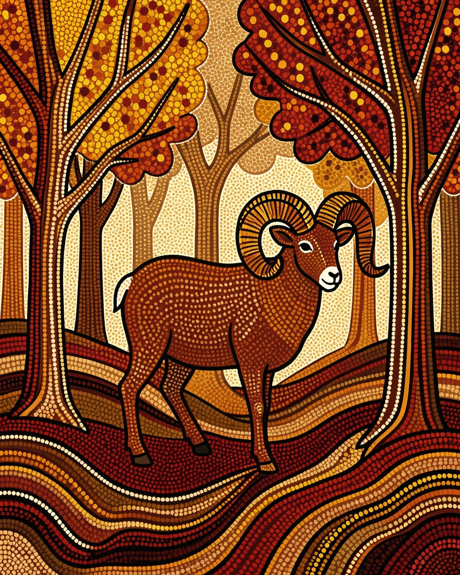 A bighorn sheep wandering through an autumn woodland