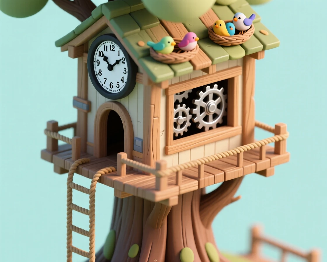 A treehouse clock tower with an oversized gear mechanism visible through a window, a rope ladder spiraling around the trunk, and birds nesting in the eaves near the clock face.