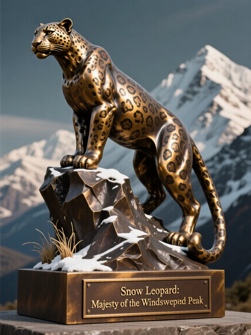 A snow leopard perched on a windswept peak, in a moment of raw, untamed beauty, evoking wonder and majesty