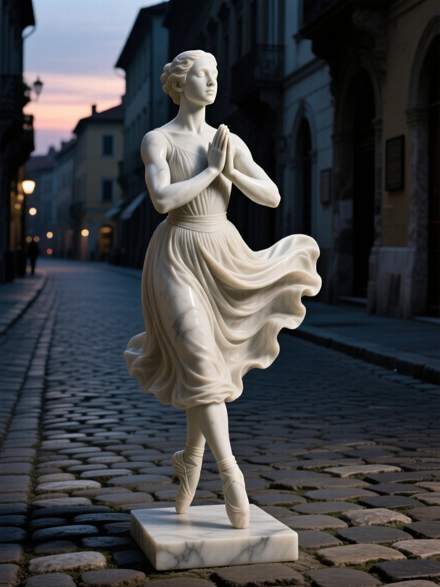 A close-up portrait of a young dancer mid-leap, with hands clasped in prayer, on a quiet cobblestone street at dusk, radiating quiet emotion and dignity