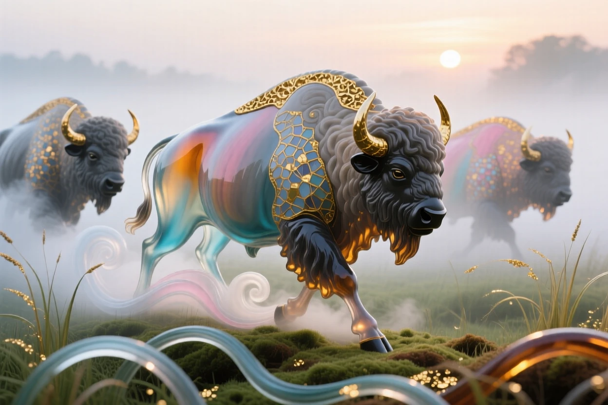 A herd of bison crossing a misty prairie at first light, powerful and primal, breath clouds rising into cold air.