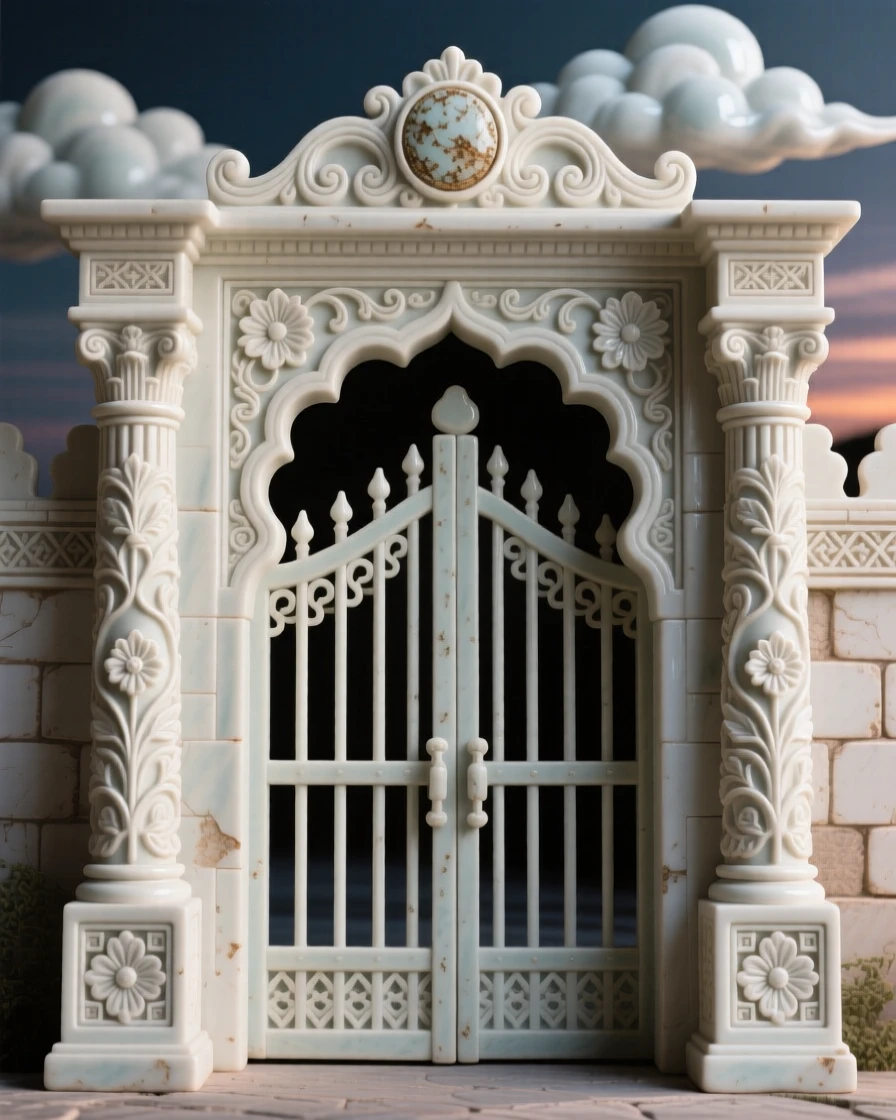 An ornate palace gate flanked by carved pillars silhouetted against a fading twilight, framed by drifting clouds overhead, stirring a sense of history and enduring beauty.