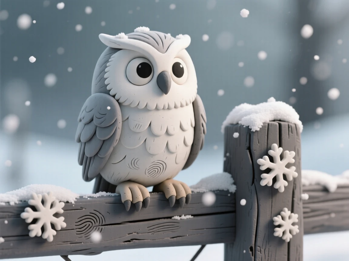 A snowy owl perched on a fence post during a gentle snowfall