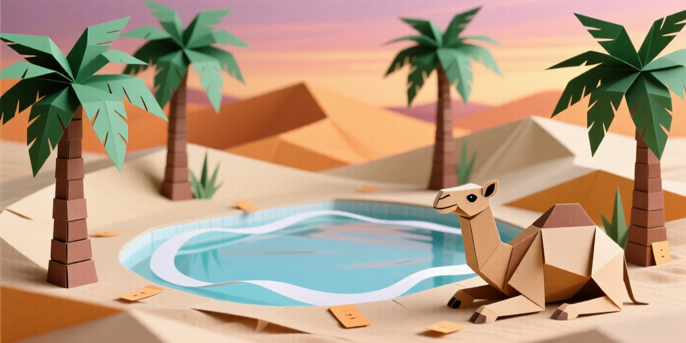 A tranquil desert oasis with palm trees surrounding a clear pool, sand dunes rising in the background under a warm sunset, a camel resting nearby, evoking respite and quiet abundance.