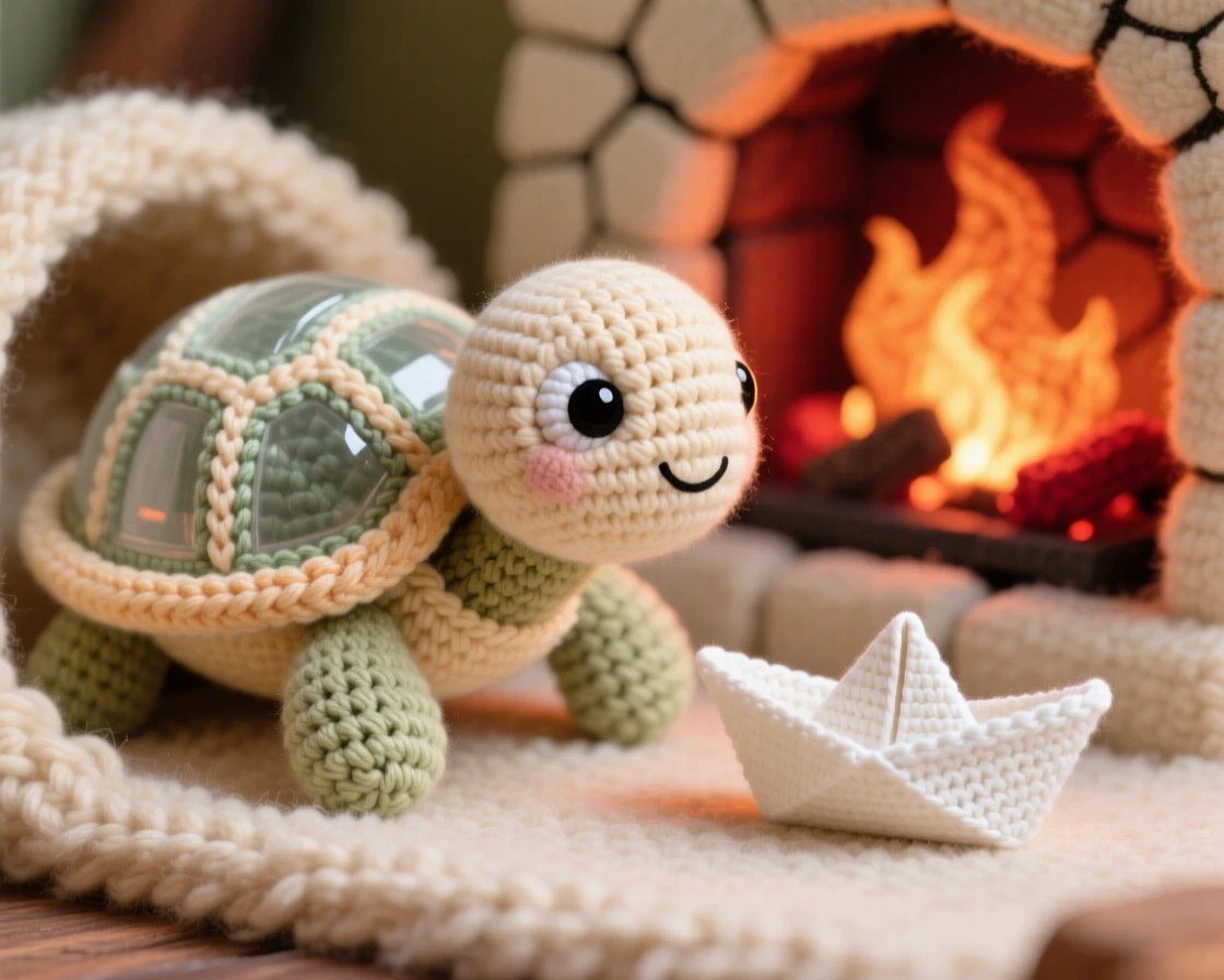 A heartwarming close-up of a round baby turtle, with a patterned shell and stubby legs, poking its head out slowly with a curious expression in a cozy nook beside a crackling fireplace; a tiny paper boat floating nearby completes the scene, radiating warm affection and comfortable belonging.