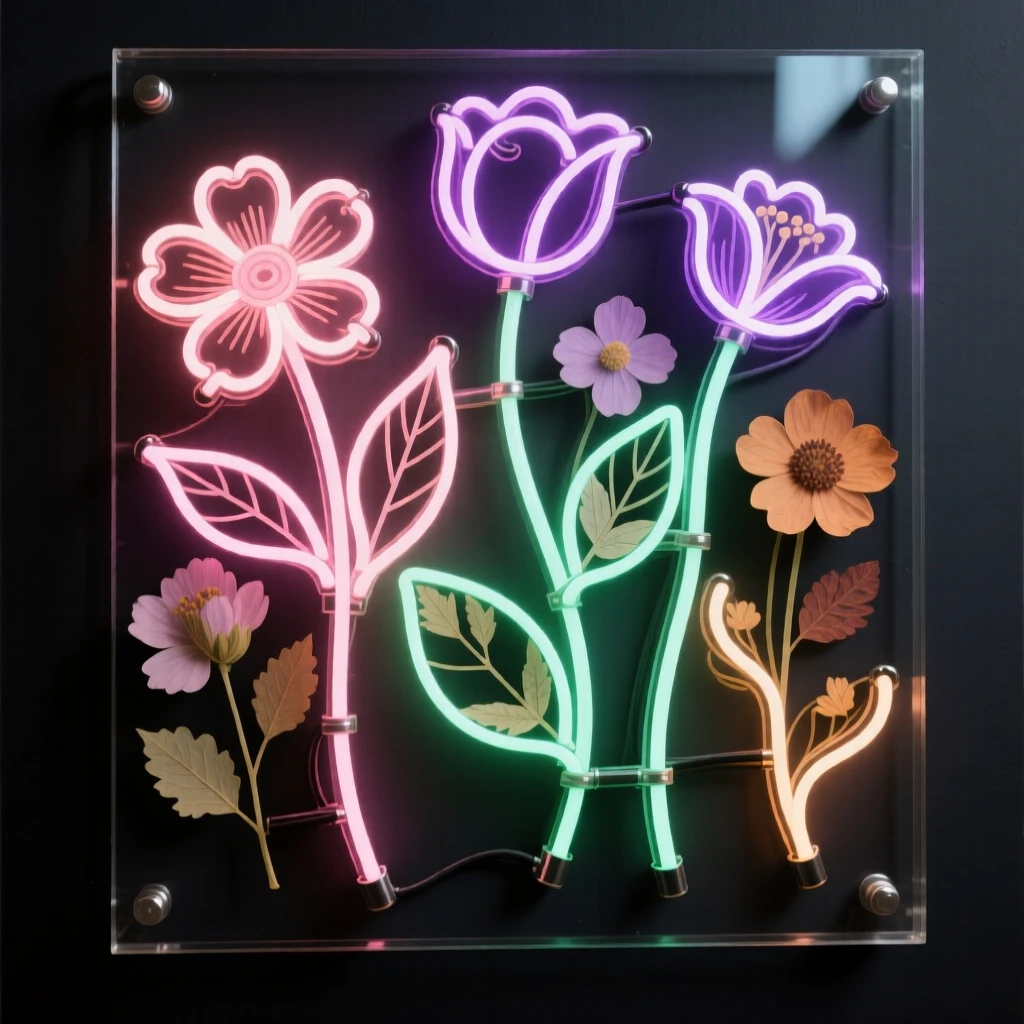 A collection of pressed flowers preserved between glass panes.
