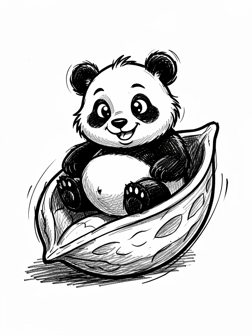 A round-bellied panda cub sitting inside a walnut shell boat.