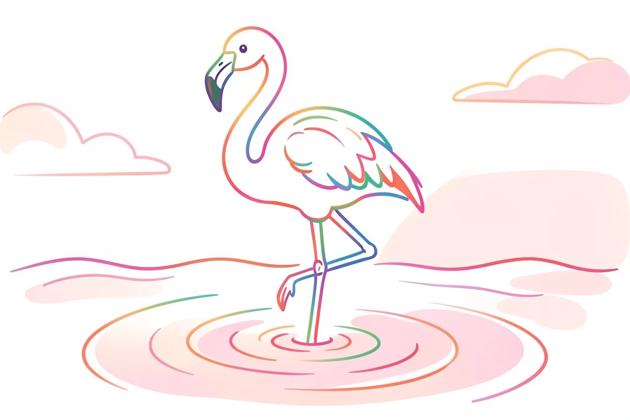 A flamingo standing on one leg in shallow pink-tinted water at sunset.