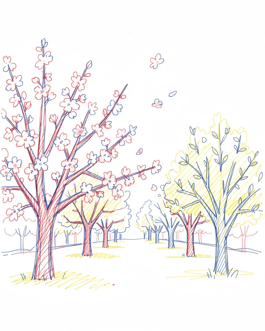 A quiet orchard in full bloom, pink and white blossoms drifting in the wind