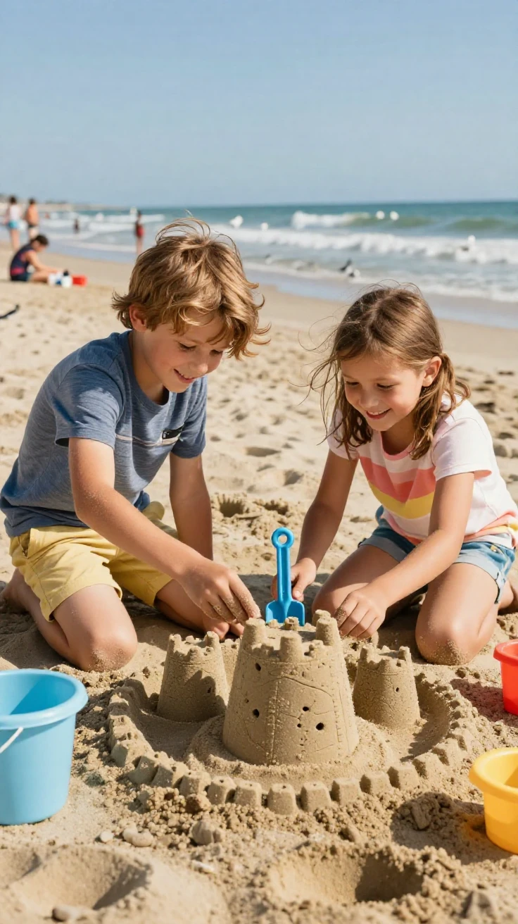 Siblings building a sandcastle together on the beach