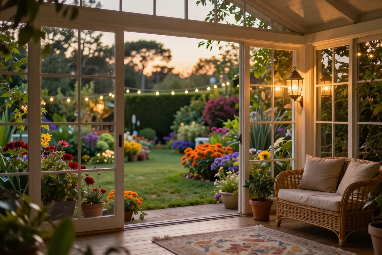 A sunroom overlooking a garden bursting with color under the soft glow of evening lamps