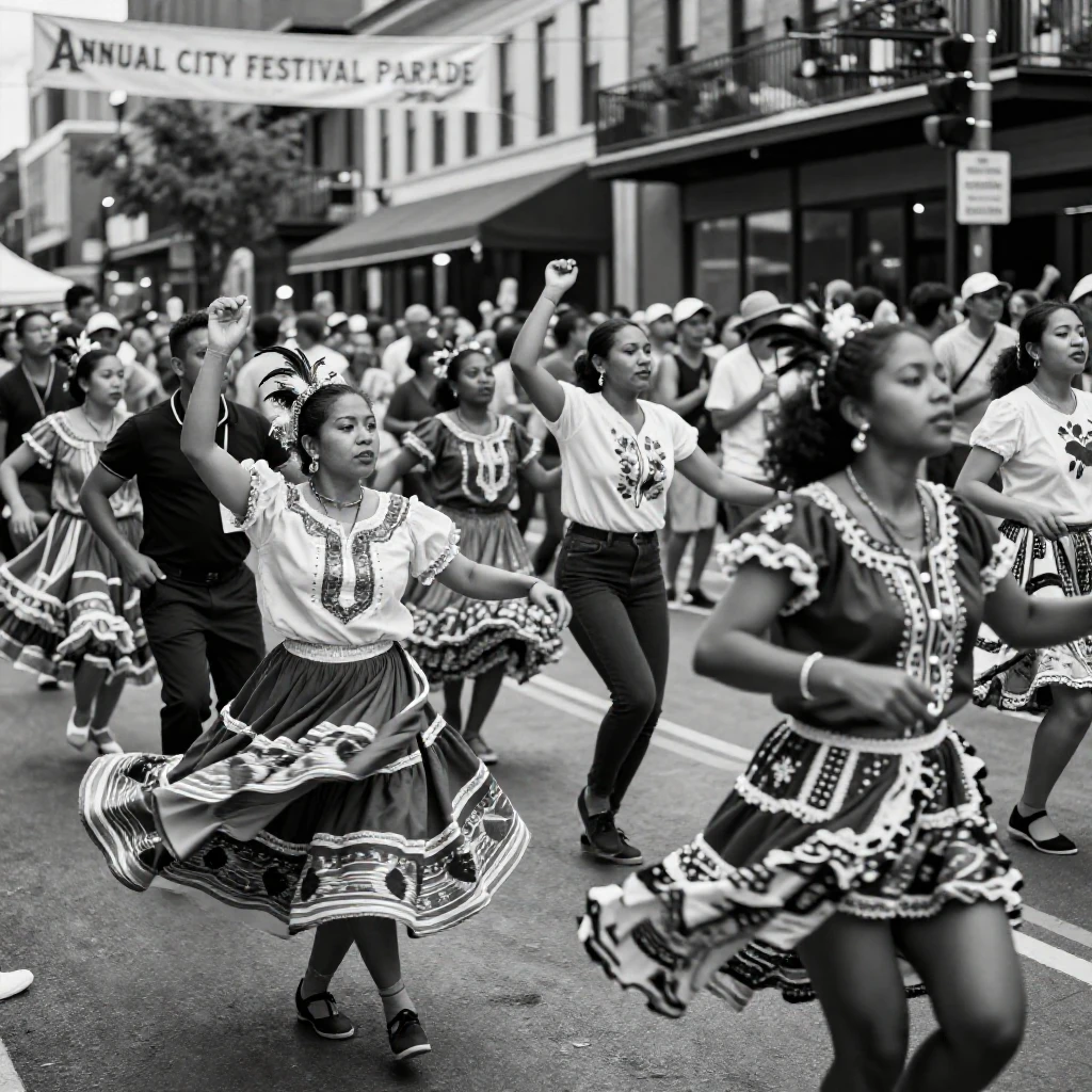 A crowd of festival dancers dances through the crowded streets along a festival parade route.