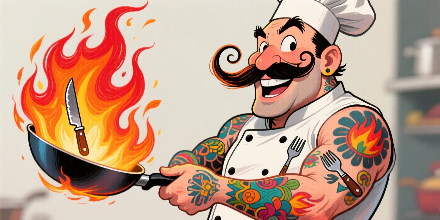 A tattooed chef with a curled mustache holding a sizzling frying pan with flames leaping up.