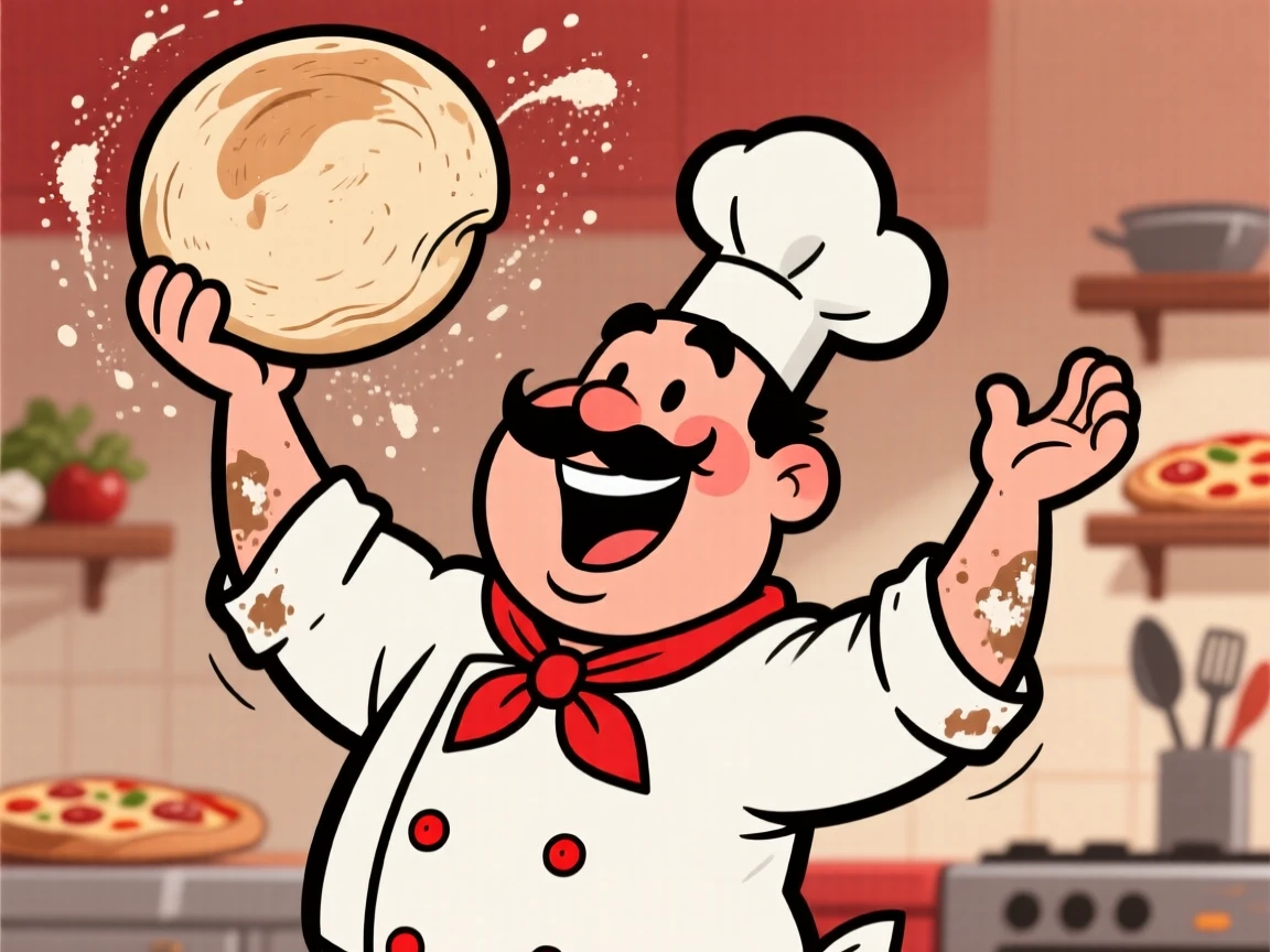 A memorable character portrait of a jolly Italian pizza chef tossing dough high into the air with both hands, flour dust swirling around his grin.