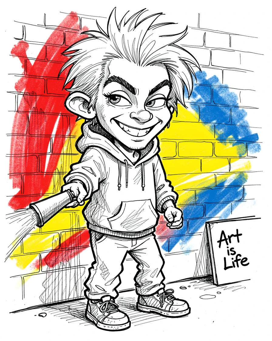[People Portraits & Characters] Portrait of a mischievous street artist spray-painting a colorful mural, full of personality and charm
