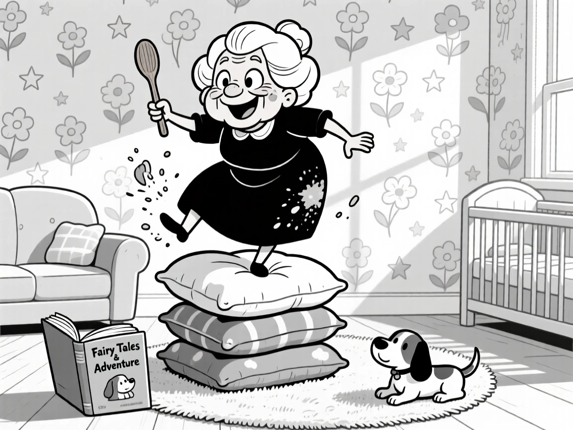 A grandmother baking cookies with flour on her cheek, balancing precariously on a stack of couch cushions, set in a sunlit nursery with pastel wallpaper. A dog-eared storybook lies open on the rug. There's a tender, nostalgic sweetness to the whole scene.