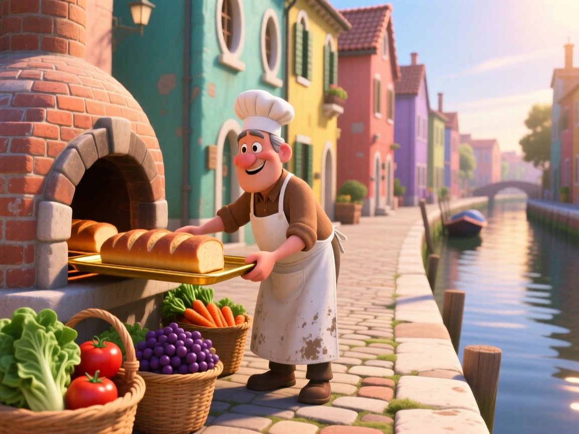 A baker pulling a fresh tray of bread from the oven is captured along a canal lined with narrow houses, with baskets of fresh produce stacked neatly. The mood is calm, familiar, and quietly delightful.