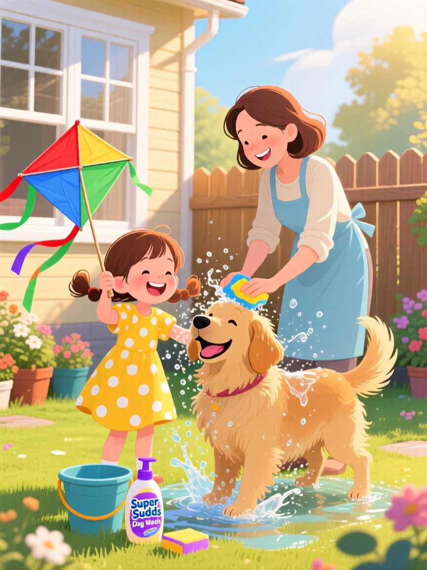 A girl with a kite laughs while washing a happy dog in the backyard together with her mother, as golden afternoon light streams through the window.