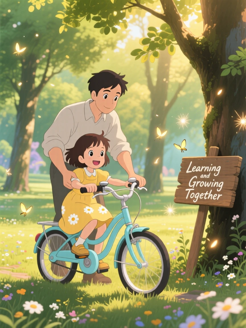 A father teaching his daughter to ride a bicycle, the scene quietly joyful.