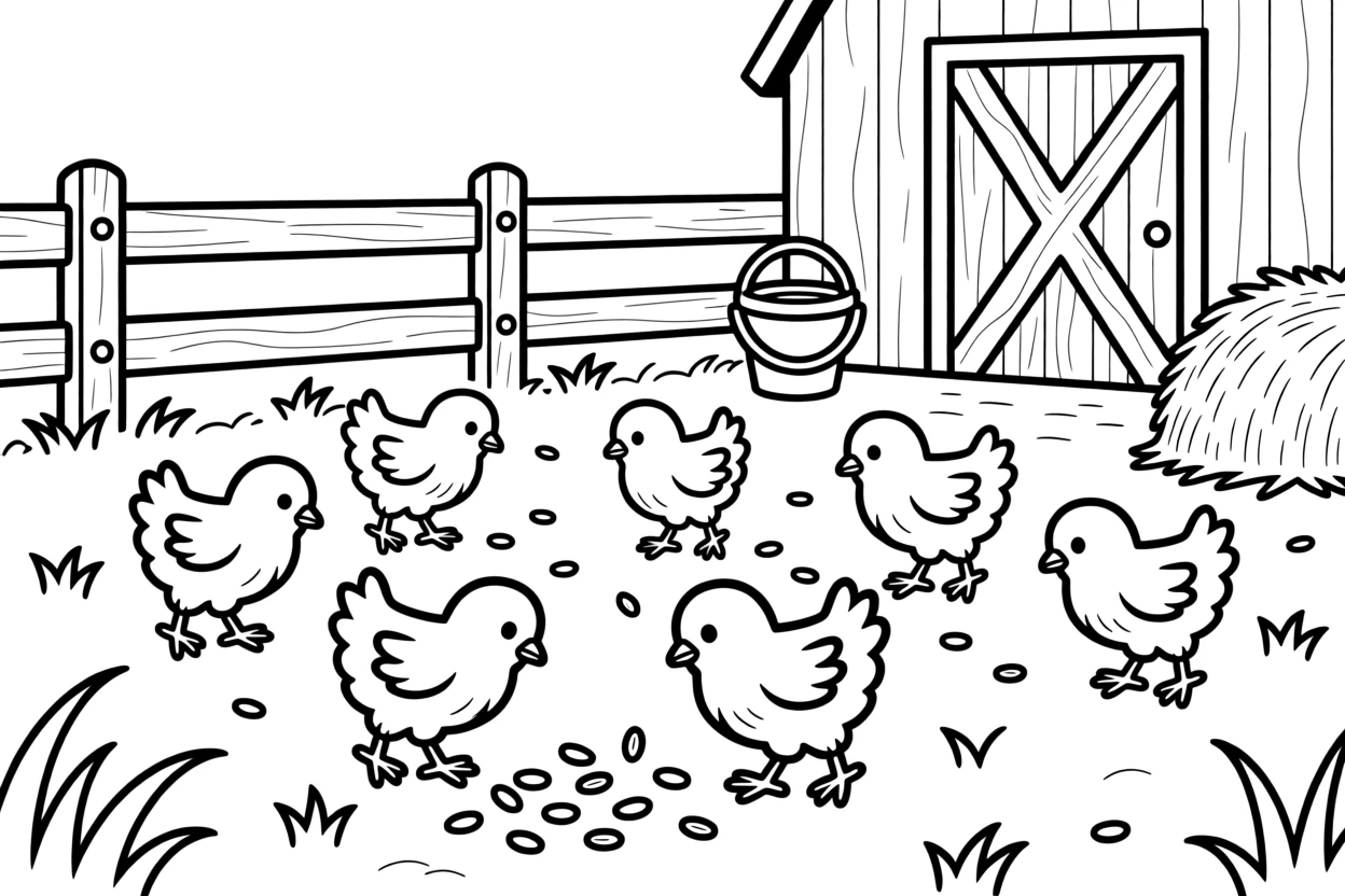 A flock of baby chicks pecking at seeds in a barnyard