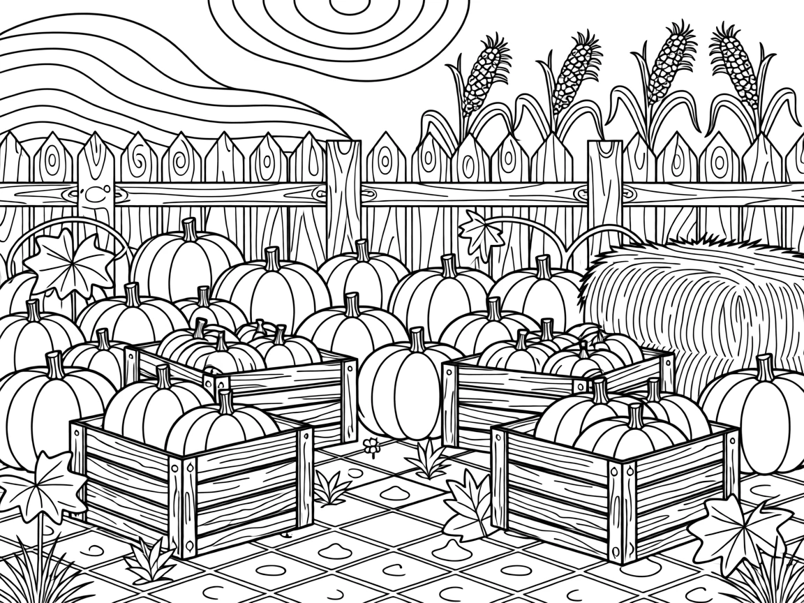 A pumpkin patch with vines sprawling between wooden crates and hay bales.