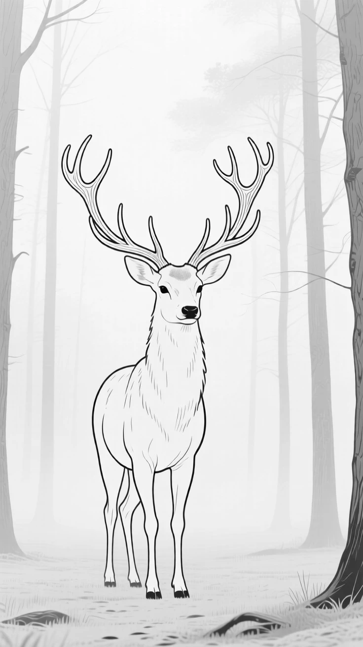 A stag with large antlers standing in a foggy forest clearing