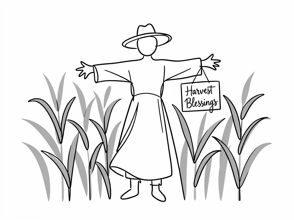 A harvest festival scarecrow standing in a field of golden corn stalks