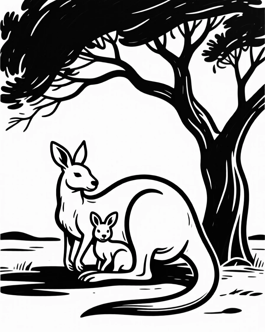 A kangaroo and joey resting together in the shade of an outback tree.