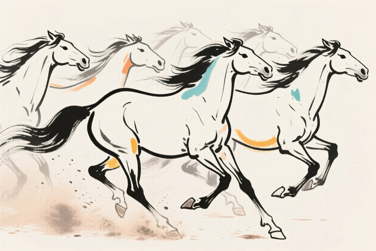 A herd of wild mustangs kicking up dust as they run.