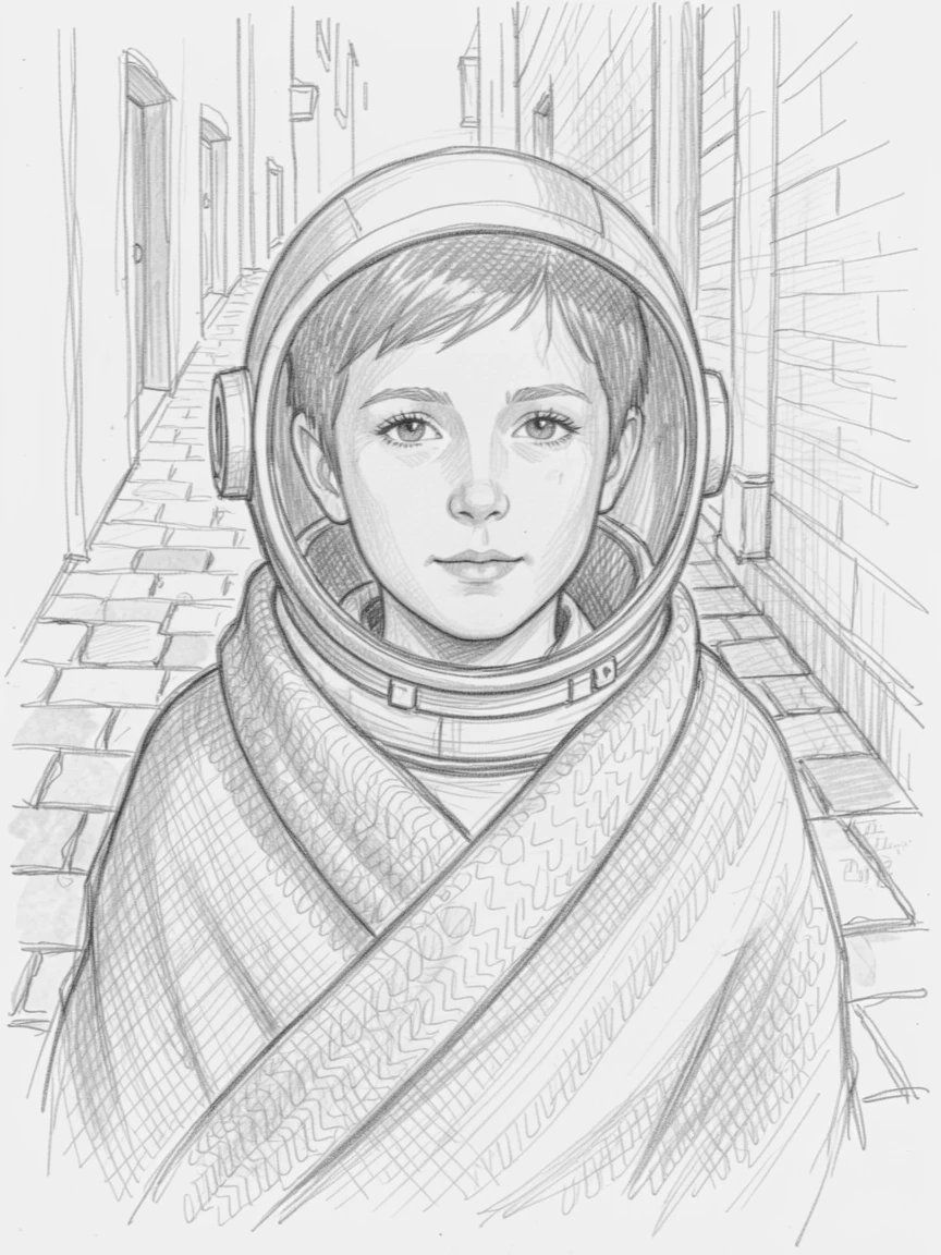 Close-up portrait of a young astronaut in a quiet cobblestone alley, wrapped in a warm woolen shawl.
