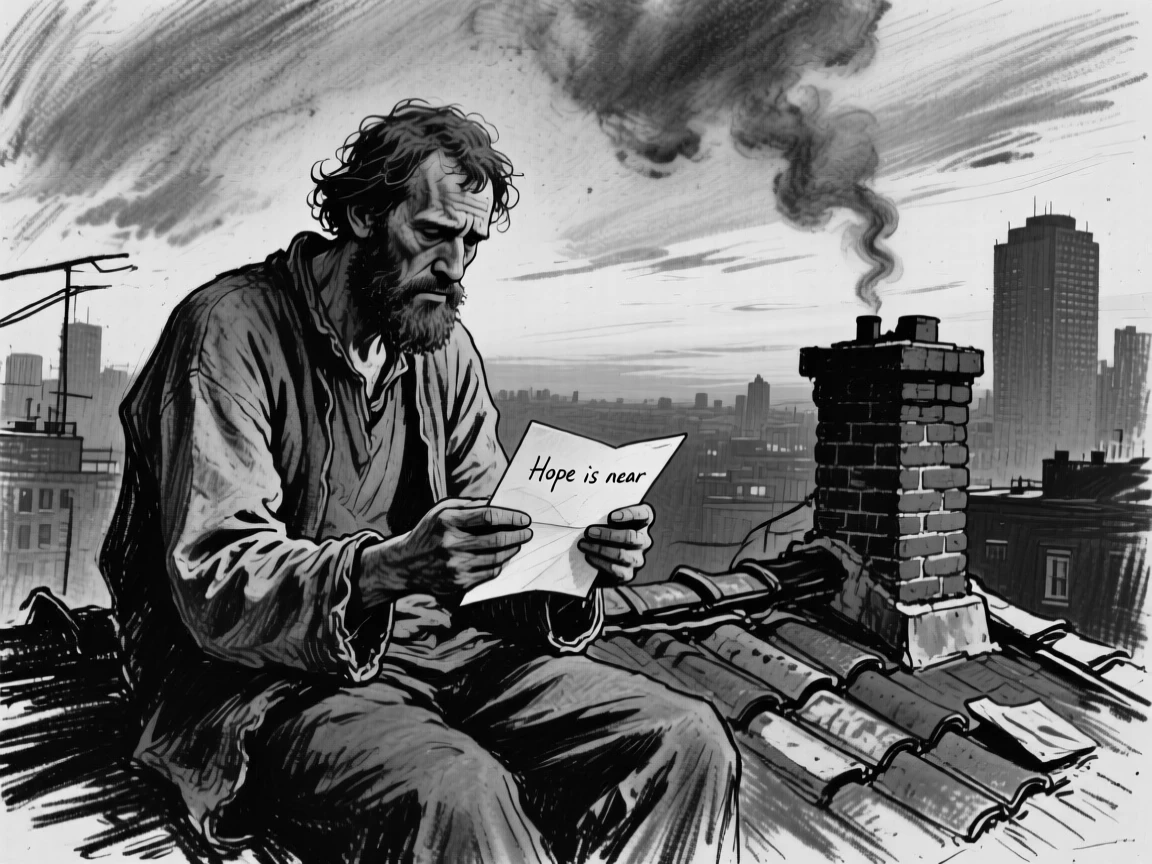 A shepherd reading a letter with a mixture of hope and longing, on a city rooftop at dusk.