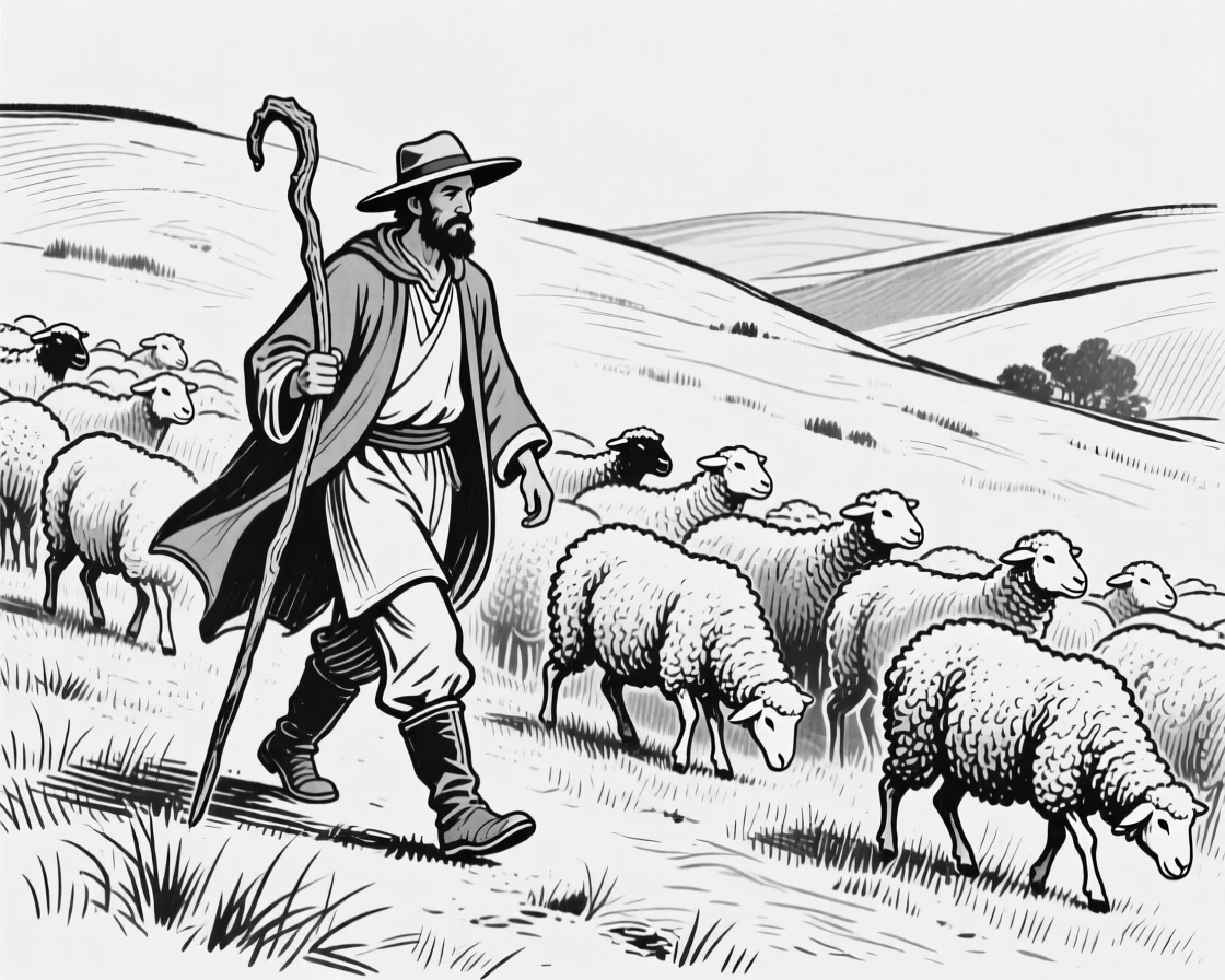 A shepherd walking beside his flock of sheep across a rolling green hillside.