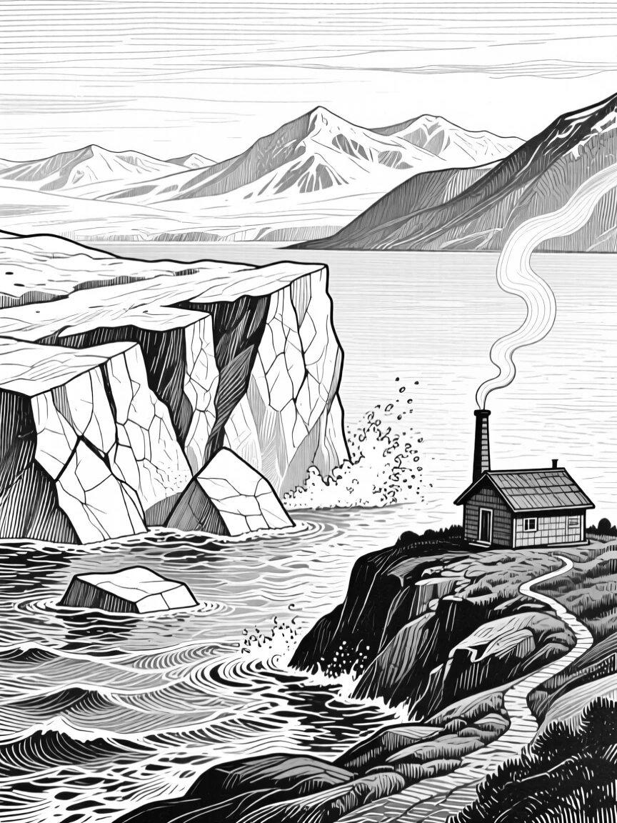 A glacier calving into the sea surrounded by distant snow-capped peaks, with a thin trail of smoke from a distant chimney, evoking a quietly majestic atmosphere in a wide, balanced composition.