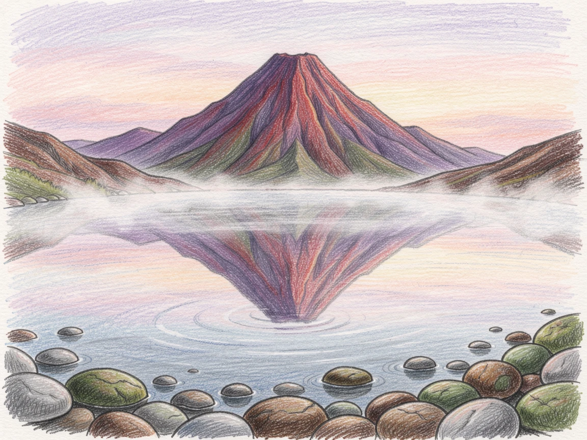 A volcanic mountain reflected in a still crater lake at dawn, bordered by smooth river stones and quiet still water, telling a quiet story of solitude and beauty.