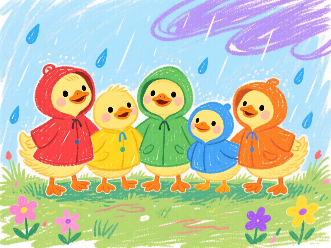 A family of ducklings wearing tiny raincoats during a garden shower.