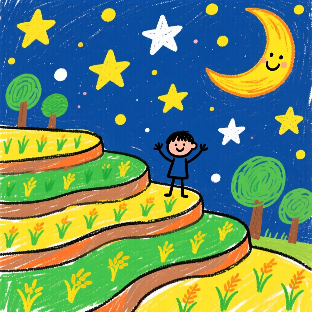 A peaceful rice terrace under a canopy of stars on a clear night.