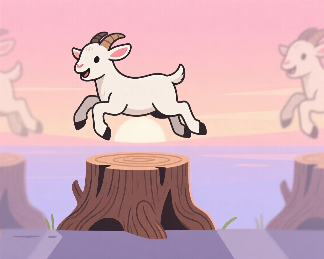 A baby goat leaping joyfully off a wooden stump, set against a soft pastel sunrise over the horizon, arranged in a balanced symmetrical composition, with a sense of playful curiosity captured perfectly.
