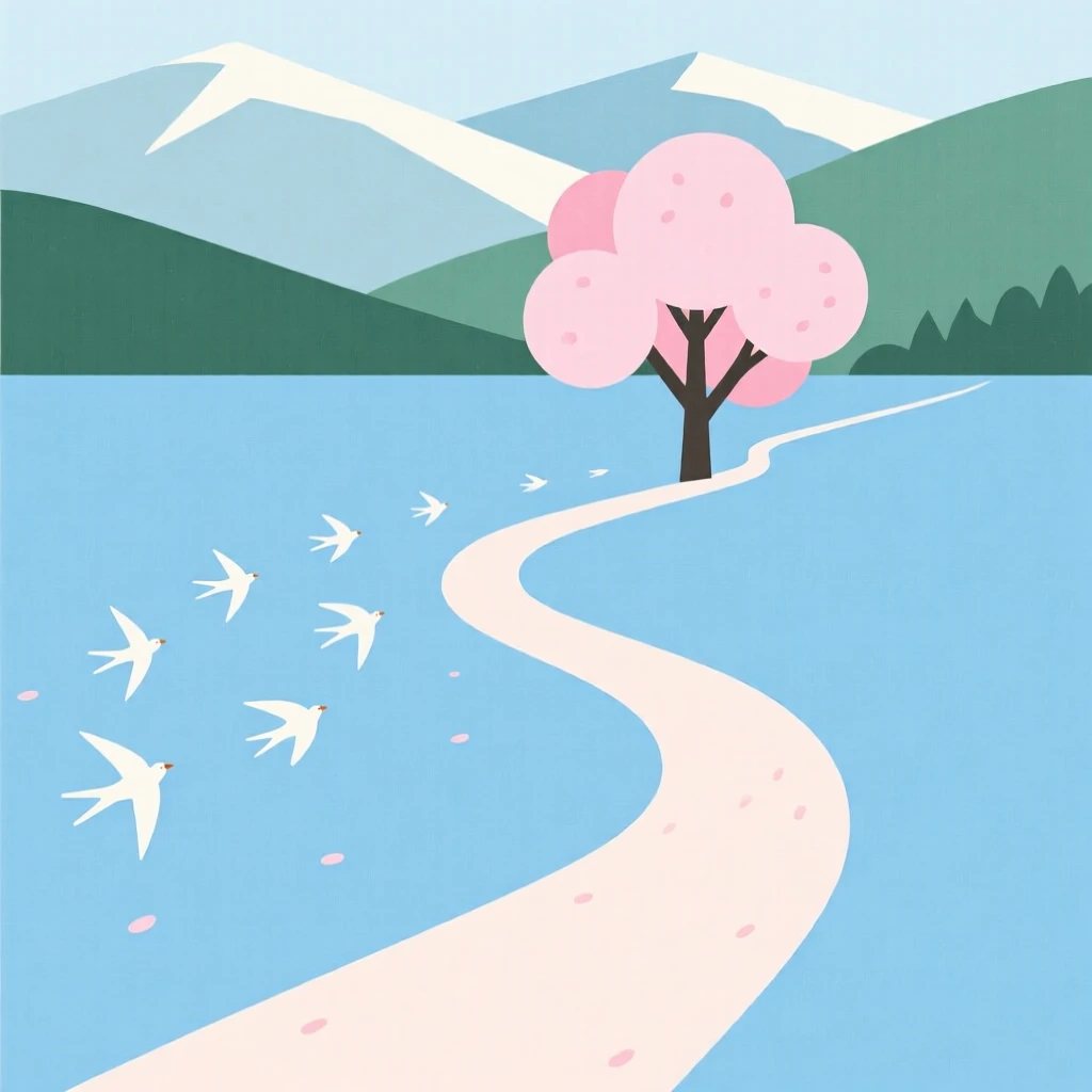 A winding path through a quiet alpine lake leading toward a cherry blossom tree, with a flock of migrating birds scattered along the way, radiating timeless calm.