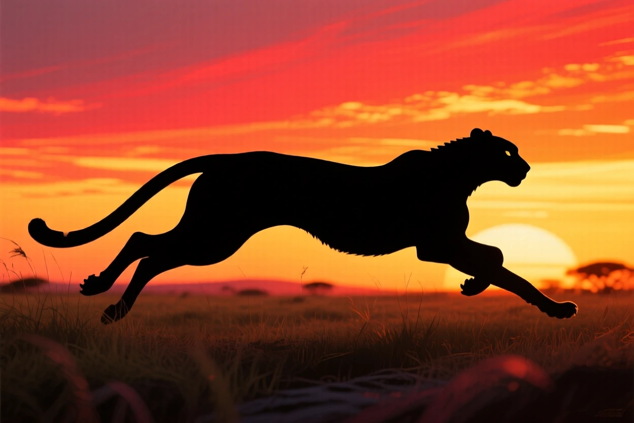 A cheetah at full sprint across open grassland, body stretched low and fast.