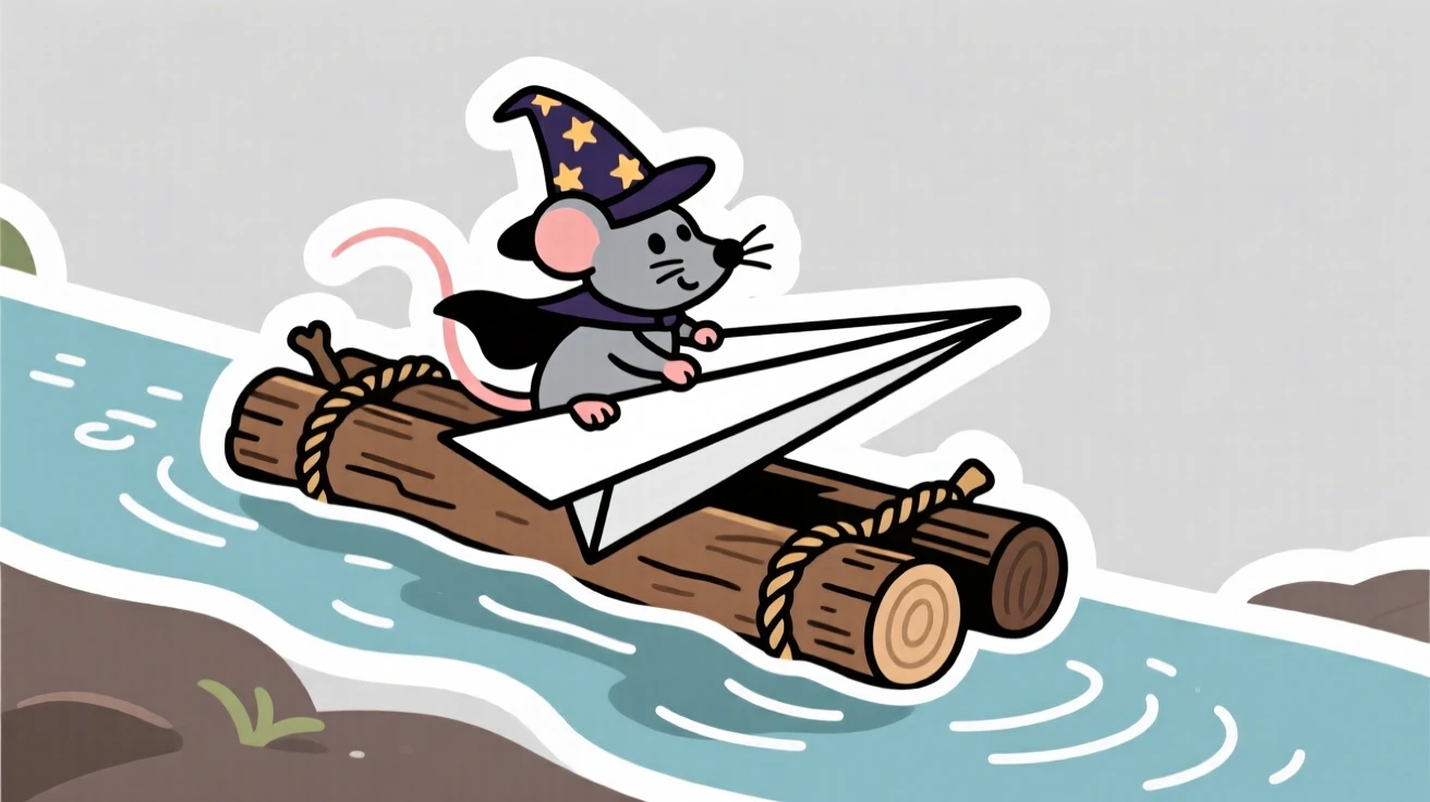 A content tiny wizard mouse riding a tiny paper airplane, on a raft drifting down a gentle stream.