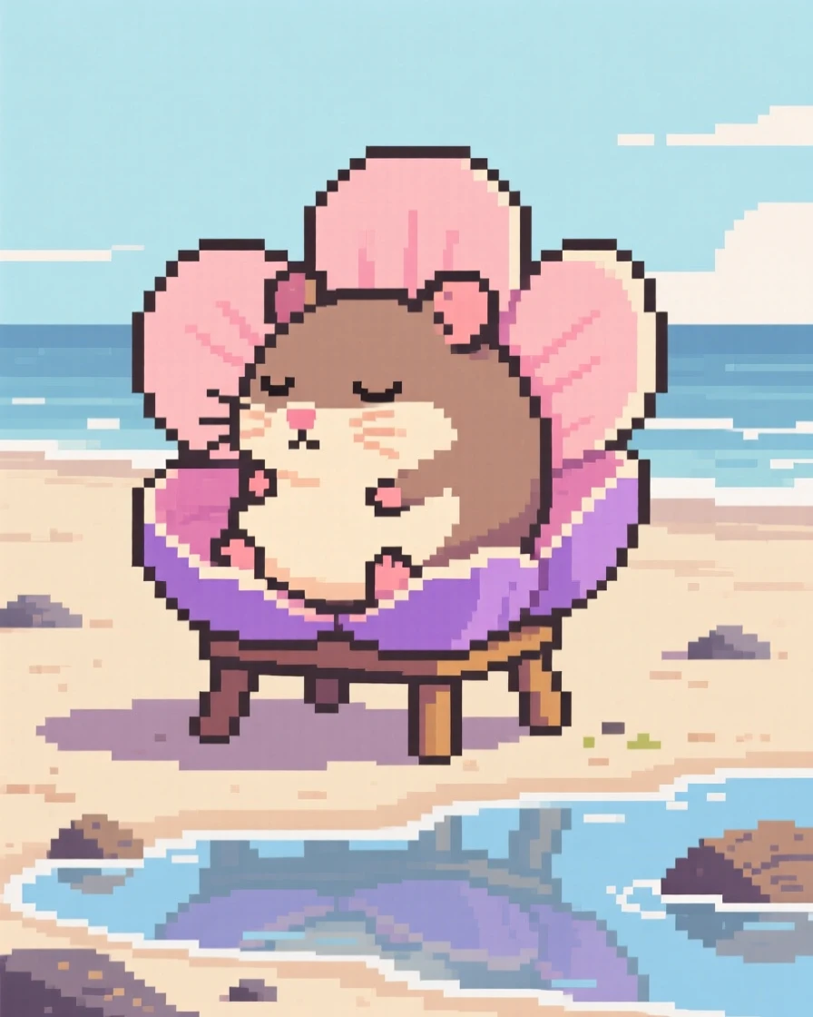 A sleepy dormouse sitting inside a flower like a cozy chair, on a quiet beach at low tide.