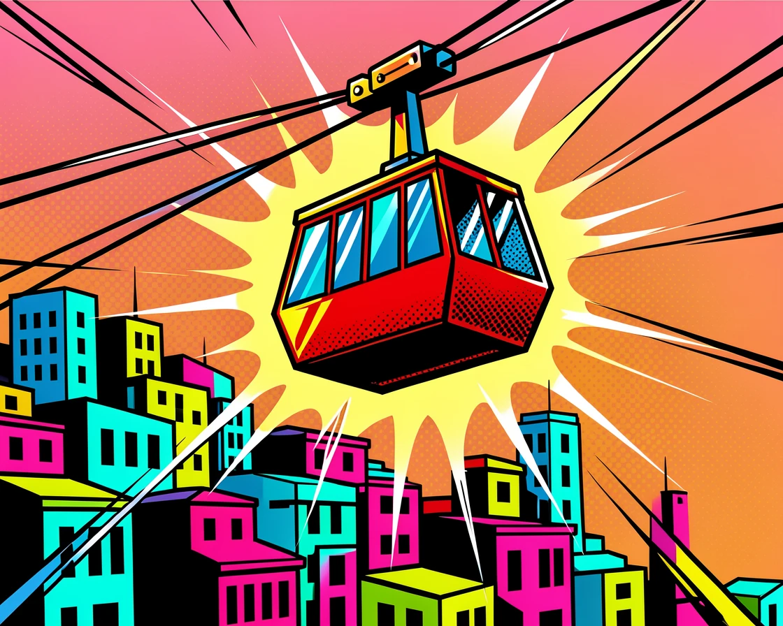 A cable car climbing above an elaborate hillside city