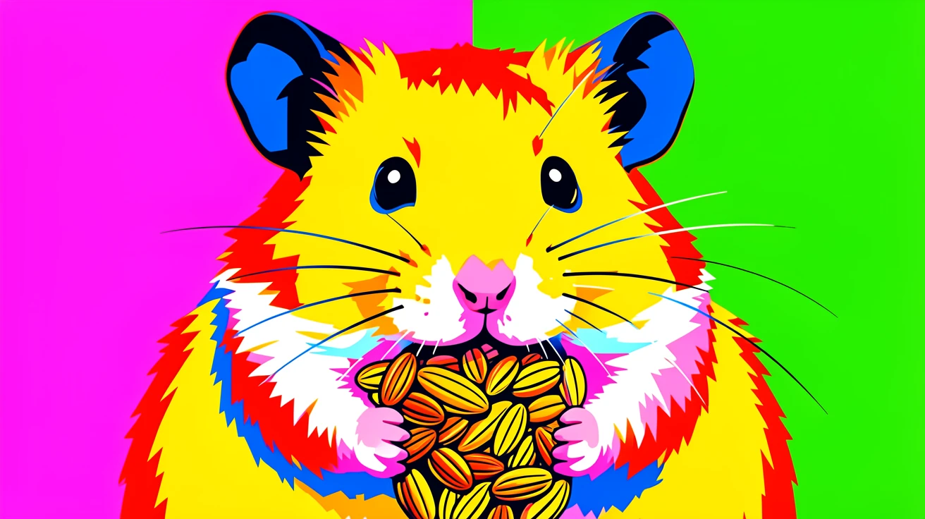 Golden hamster stuffing its cheeks with sunflower seeds
