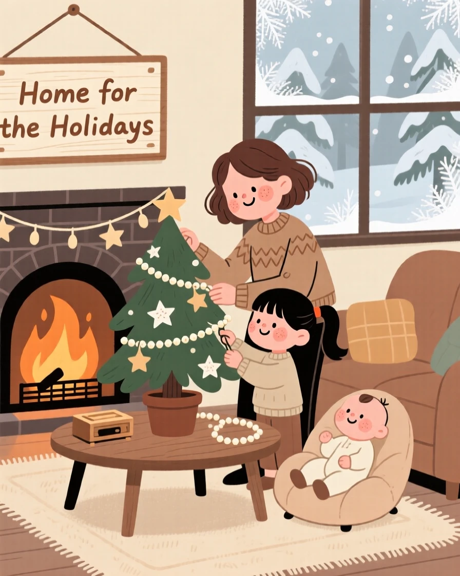A family decorates a small potted fir with strings of popcorn and paper stars while a crackling fireplace and soft music plays softly and frost coats the glass outside the window.