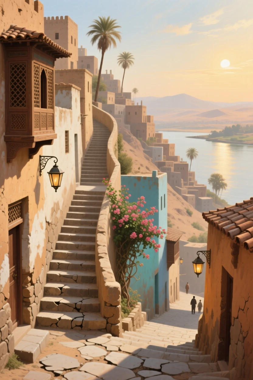 A centered composition of a winding staircase street climbing a hillside town, along the Nile in Egypt, in medieval times, in late afternoon.