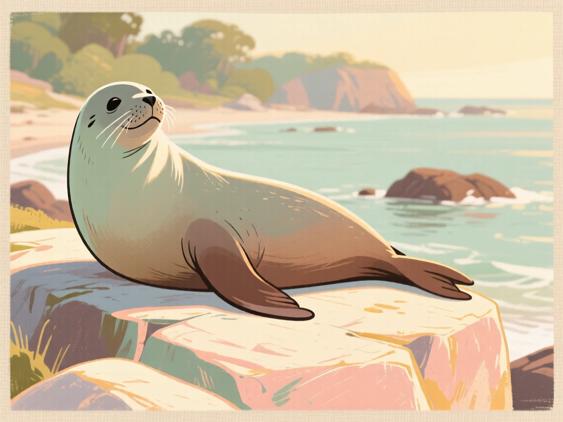 A seal basking on a sunlit rock along the coastline