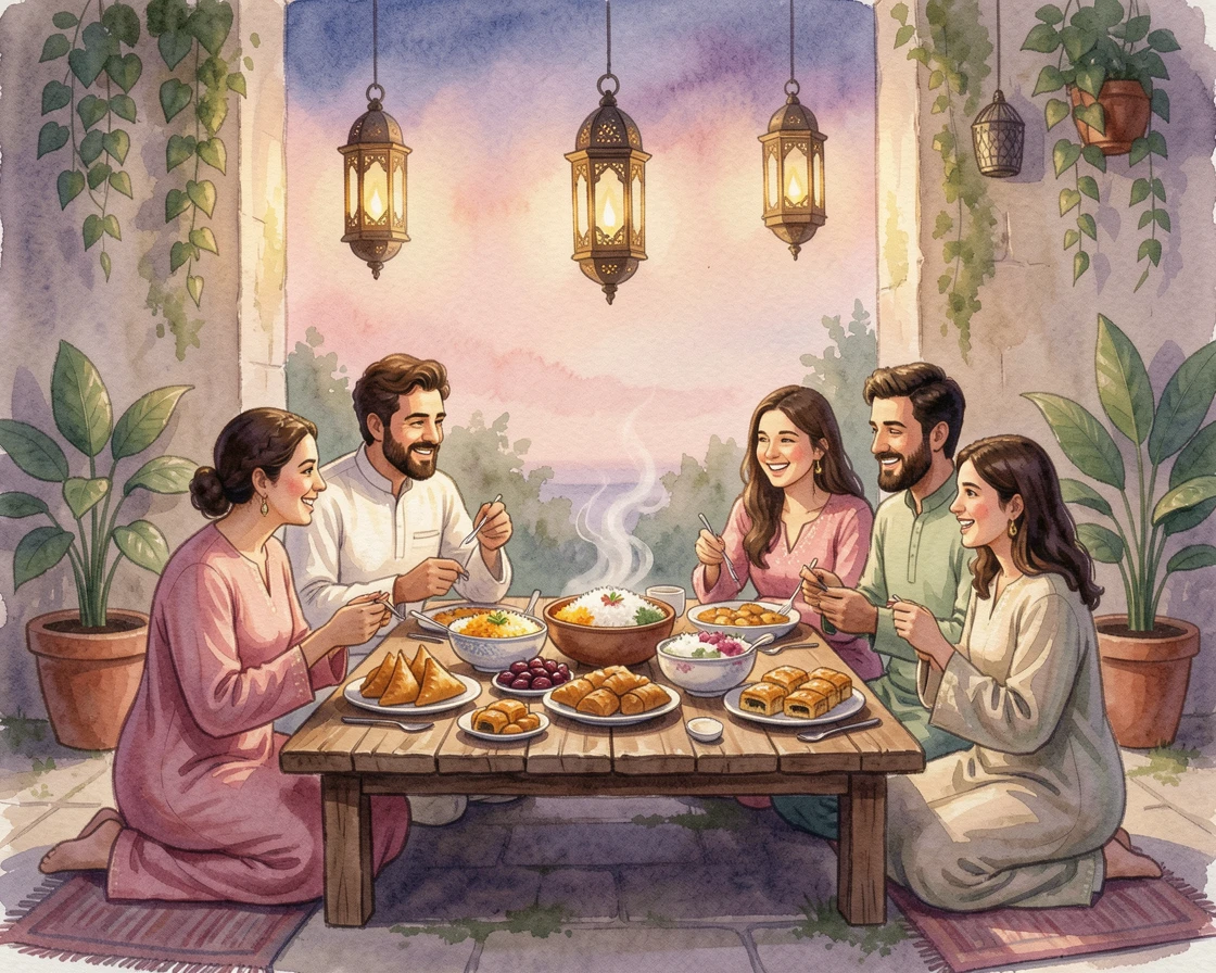 A group celebrating Eid with a festive family feast with warm lantern light glowing at dusk.