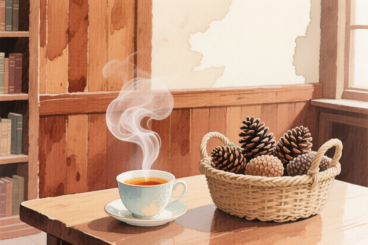 A charming view of a wood-paneled library, with steam rising from a fresh cup of tea, featuring a woven basket filled with pinecones
