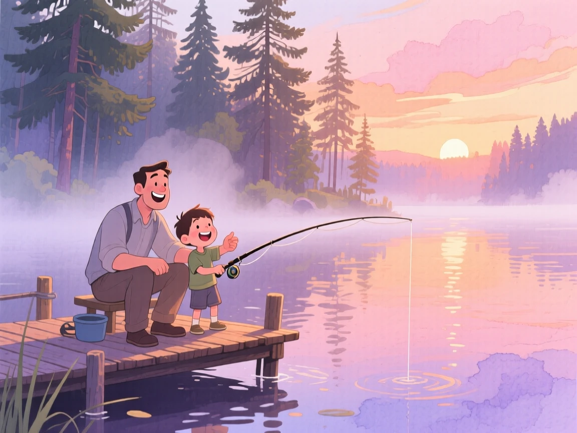 A father and son fishing off a wooden dock as the sun rises, in a misty lake surrounded by pine trees, with laughter caught mid-motion, a quiet moment of connection and teaching.
